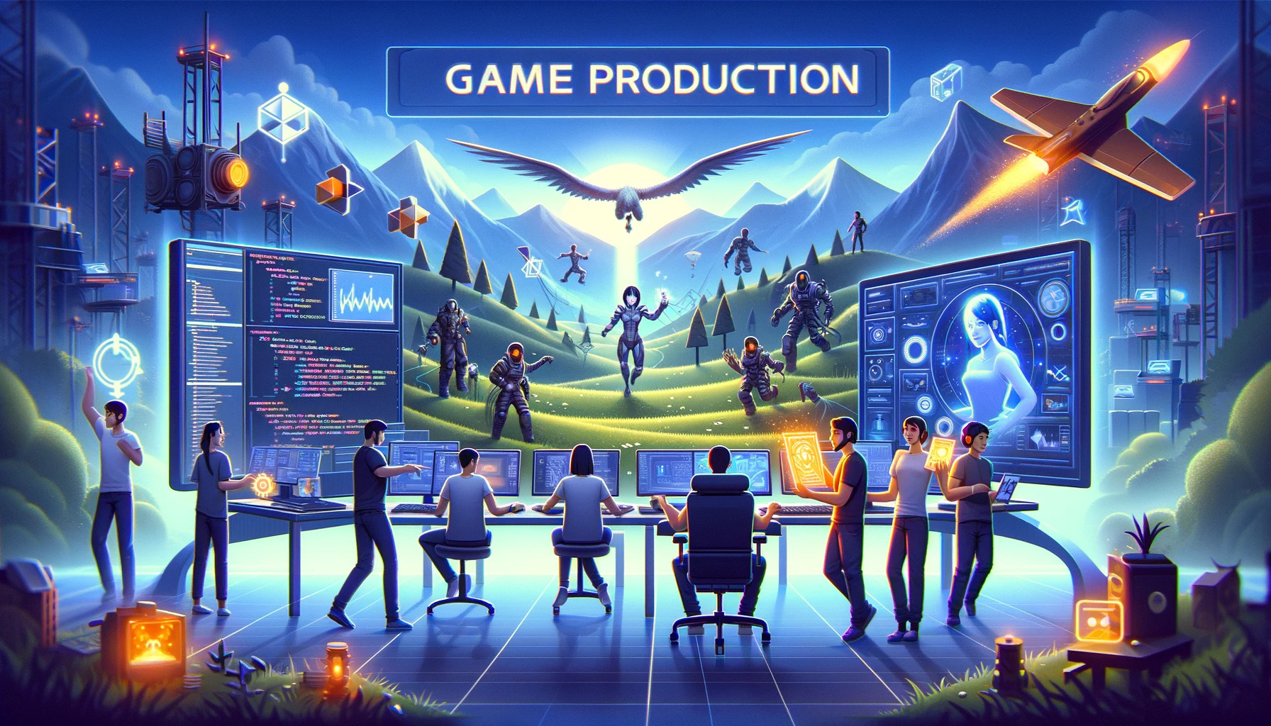 DALL·E 2023-11-23 16.46.40 - An image styled like in-game graphics, showcasing PC game production for a game outsourcing company's services page, without any text. The scene is se