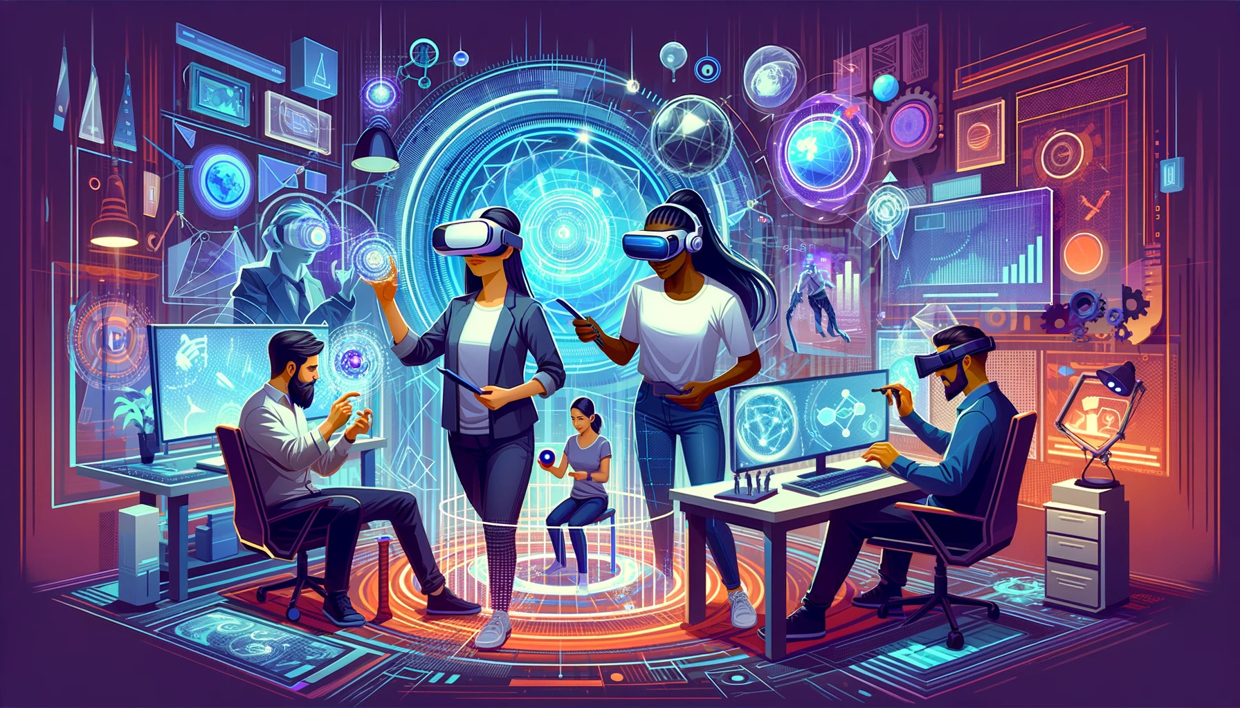 DALL·E 2023-11-23 16.52.01 - An image in a style and color palette similar to previous game graphics, representing Virtual Reality (VR) and Augmented Reality (AR) for a game outso