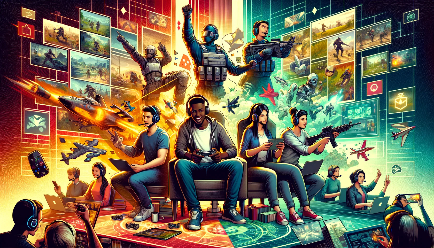 DALL·E 2023-11-23 17.07.59 - An image in a style and color palette similar to previous game graphics, focusing on multiplayer gaming for a game outsourcing company's services page