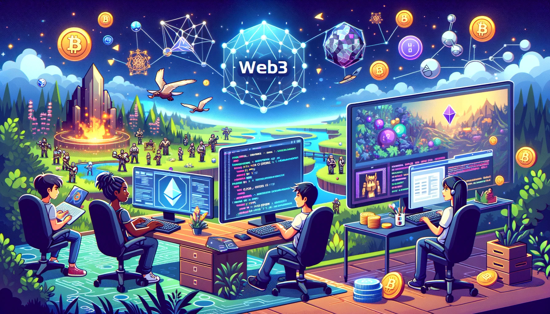 DALL·E 2023-11-23 17.12.36 - An image in a style and color palette similar to previous game graphics, focusing on Web3 technologies for a game outsourcing company's services page