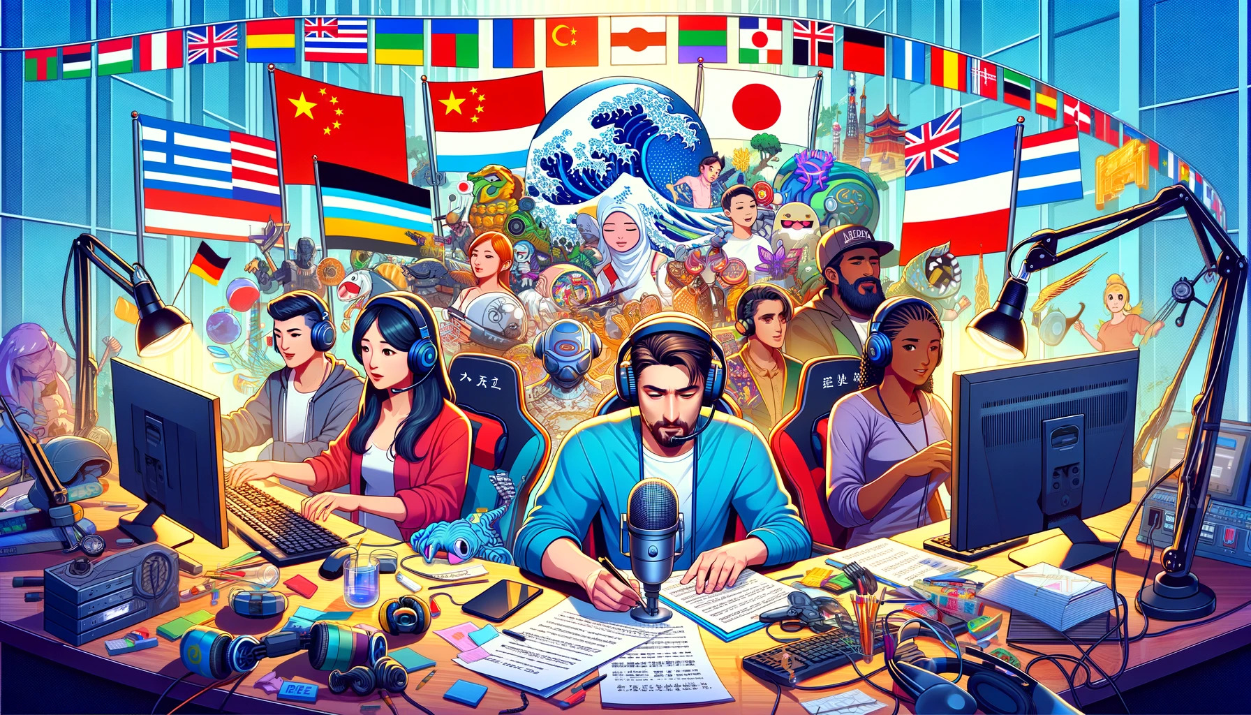 DALL·E 2023-11-23 18.03.25 - An image similar to the previous one with flags, focusing on game localization with East Asian languages like Chinese and Japanese for a game outsourc