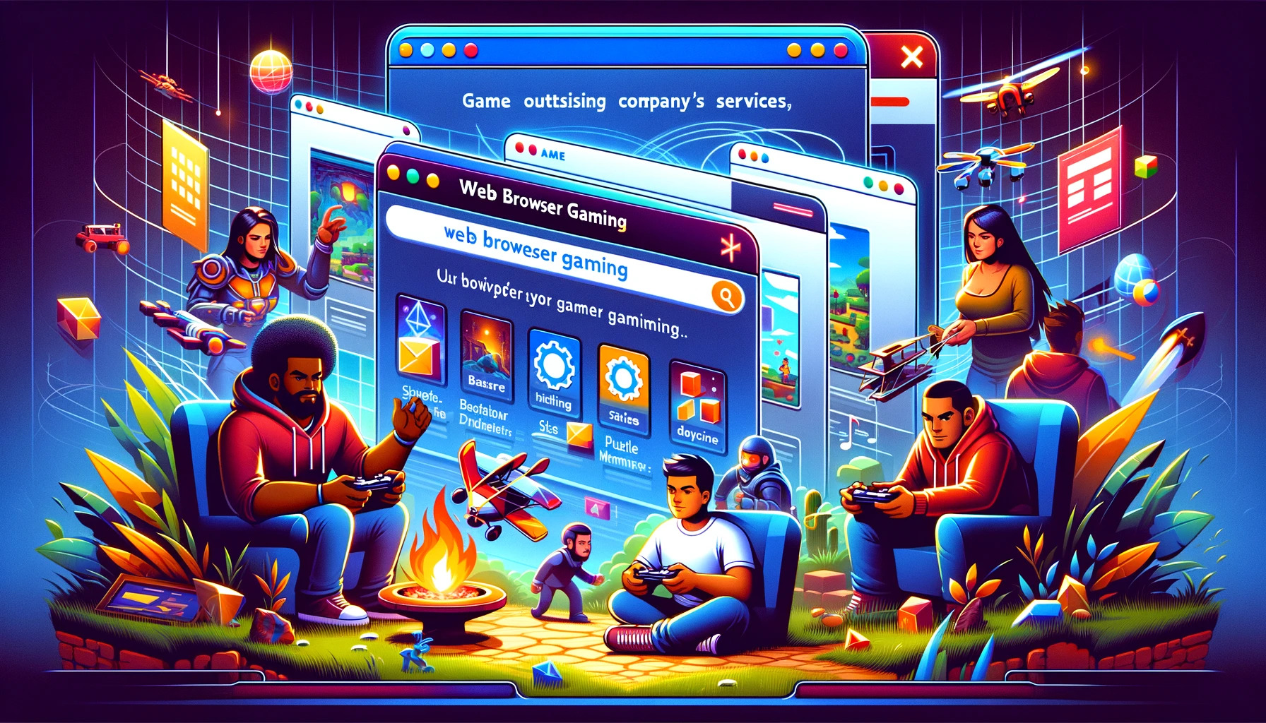 DALL·E 2023-11-23 18.06.13 - An image in a style and color palette similar to previous game graphics, focusing on web browser gaming for a game outsourcing company's services page