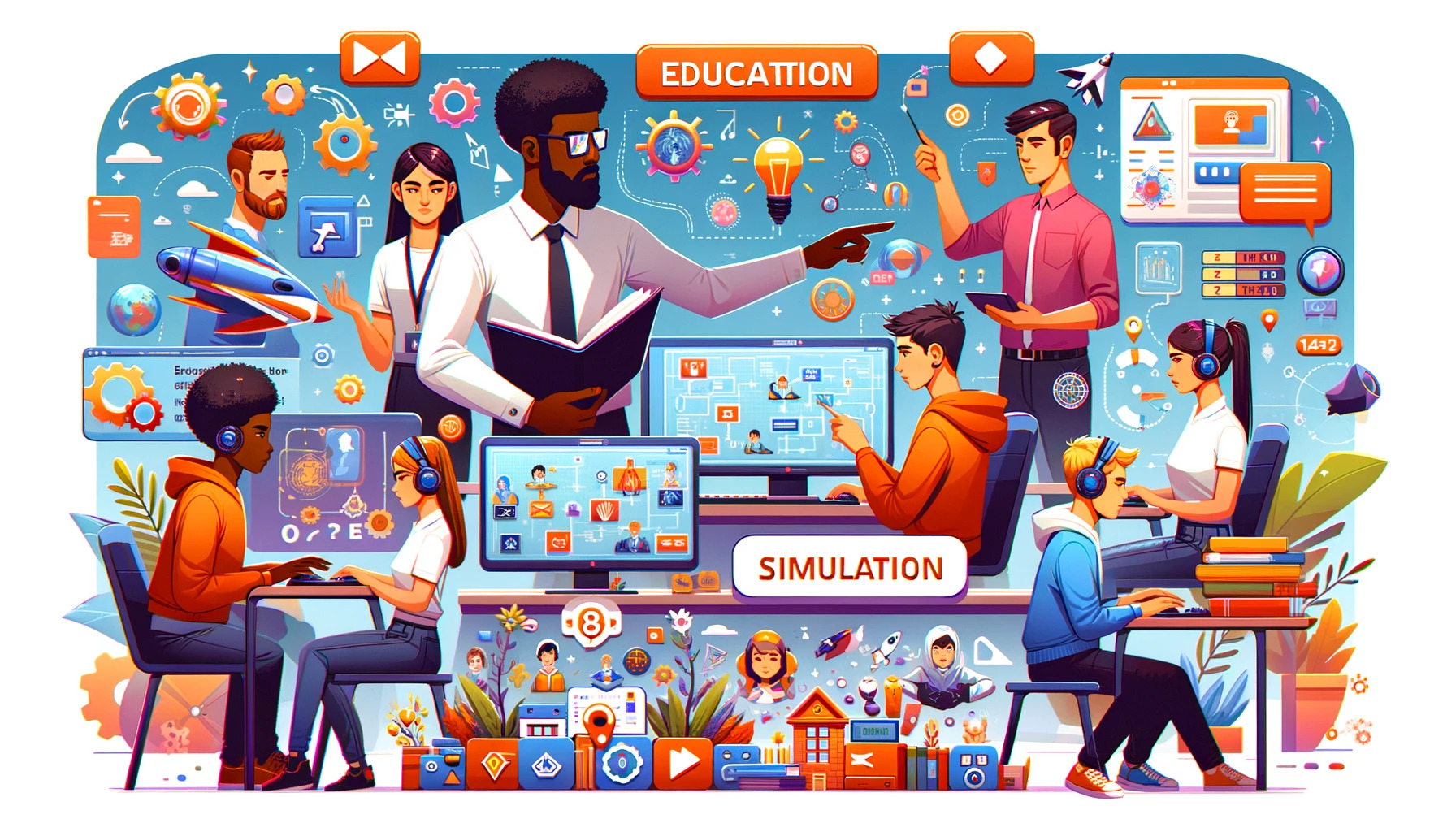 DALL·E 2023-11-23 18.07.50 - An image in a style and color palette similar to previous game graphics, focusing on educational, simulation, and gamification themes for a game outso