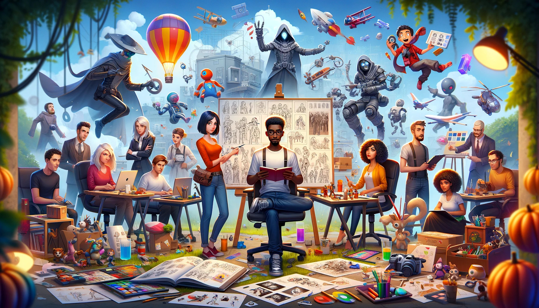 DALL·E 2023-11-23 18.09.44 - An image in a style and color palette similar to previous game graphics, focusing on the theme of game art for a game outsourcing company's services p